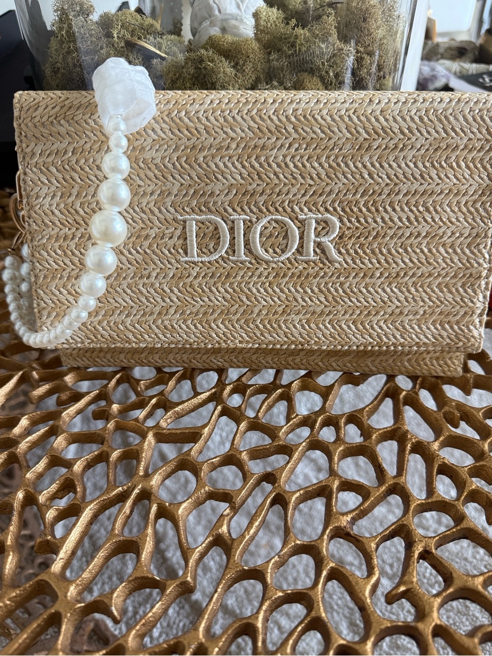 Dior Beige Raffia Clutch with Pearl Chain and Pearl Key Holder. - Picture 2 of 6
